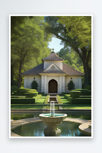 平静乡村大别墅教堂和精美喷泉的恬静画面