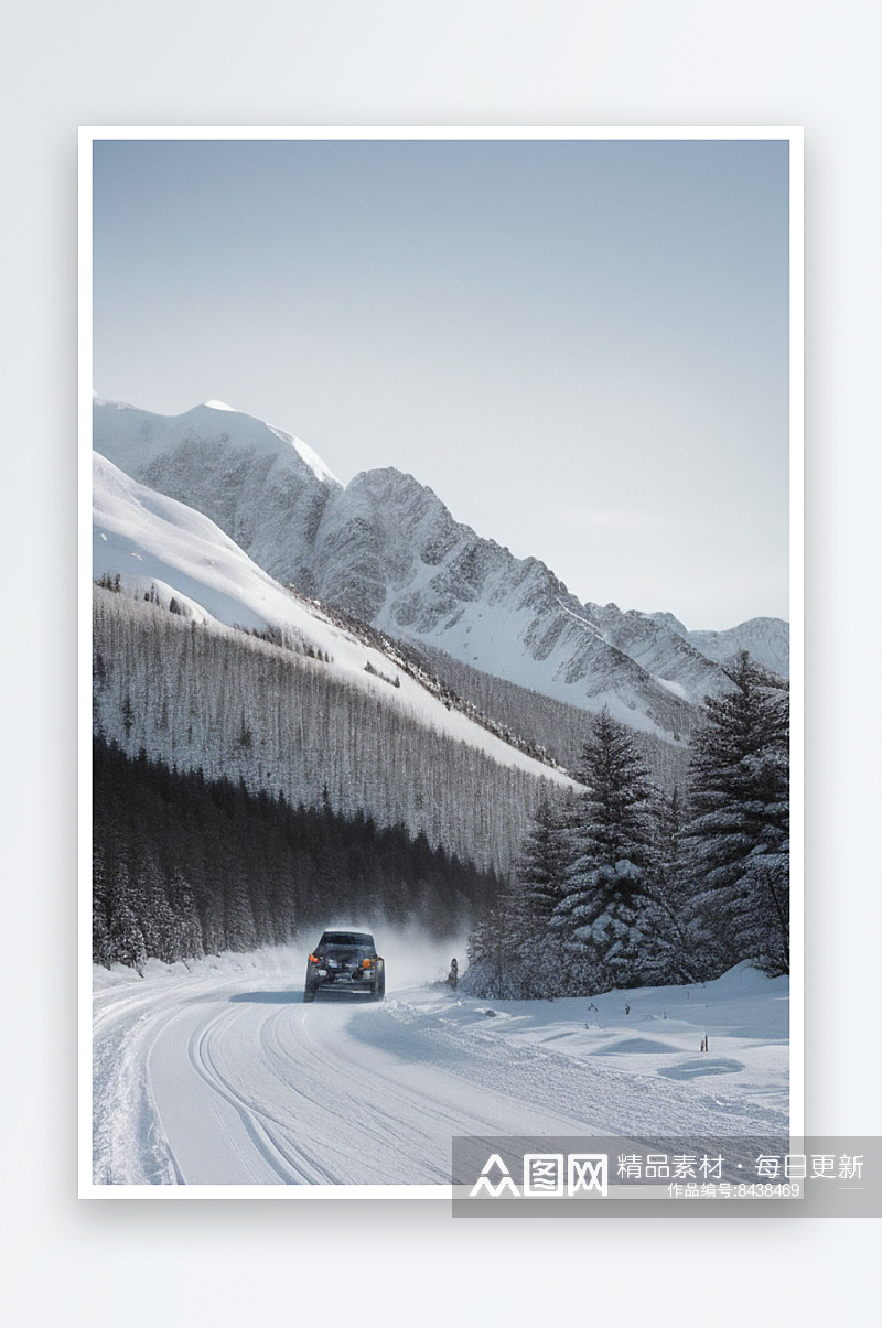 雪域探险驾驶在雪山中的冒险之旅素材