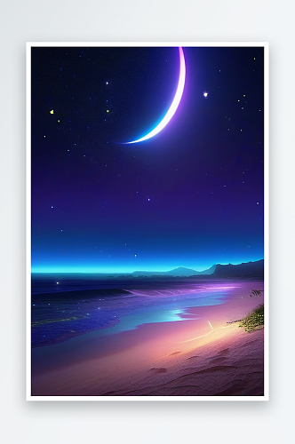 月亮下的星海与海洋荧光绘画