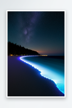 紫蓝色荧光与月光下的海滩