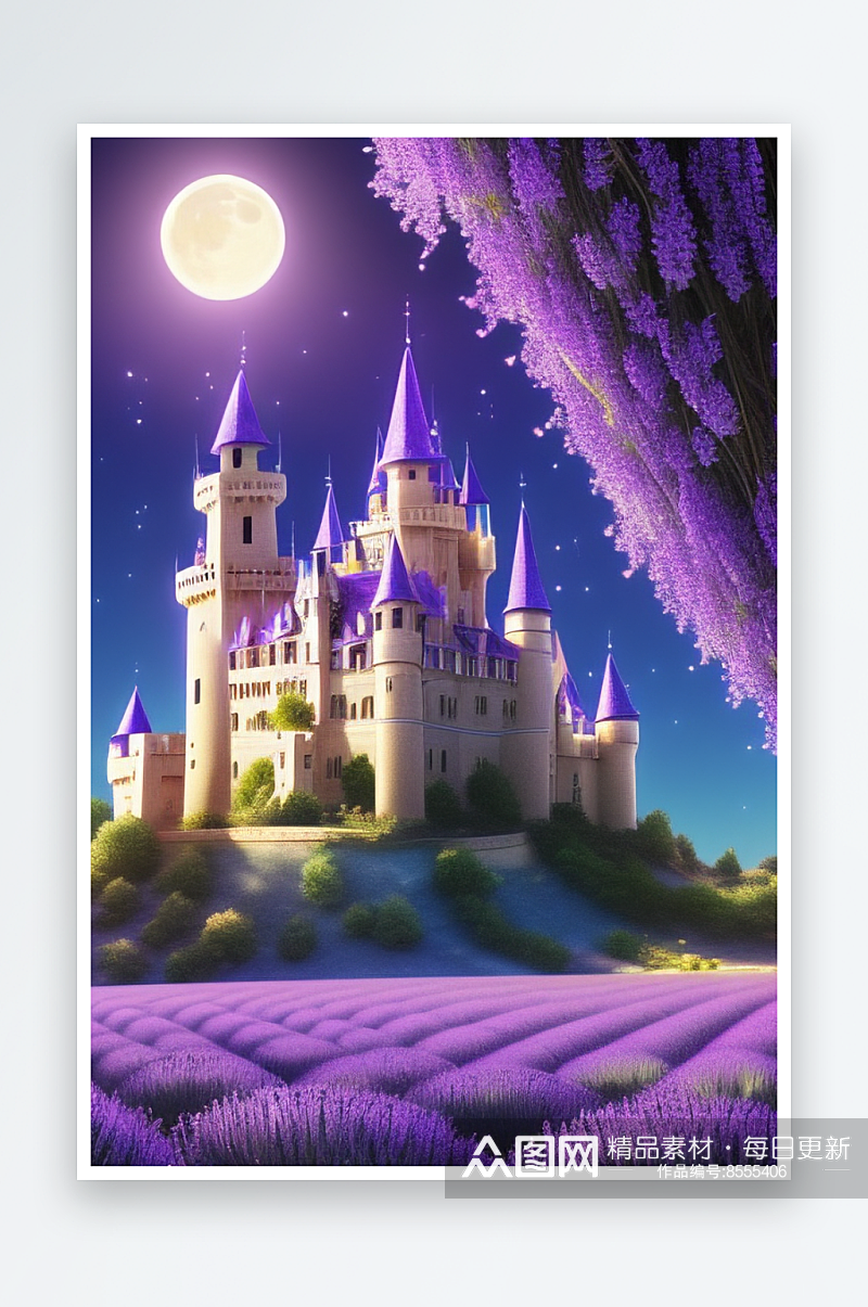 清澈天空中的童话城堡与透明蝴蝶素材