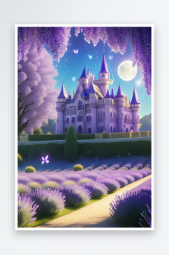 清澈天空中的童话城堡与透明蝴蝶