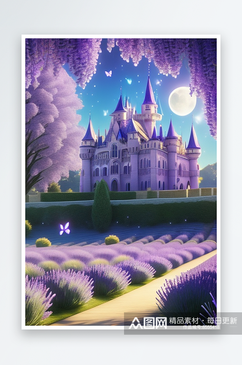 清澈天空中的童话城堡与透明蝴蝶素材