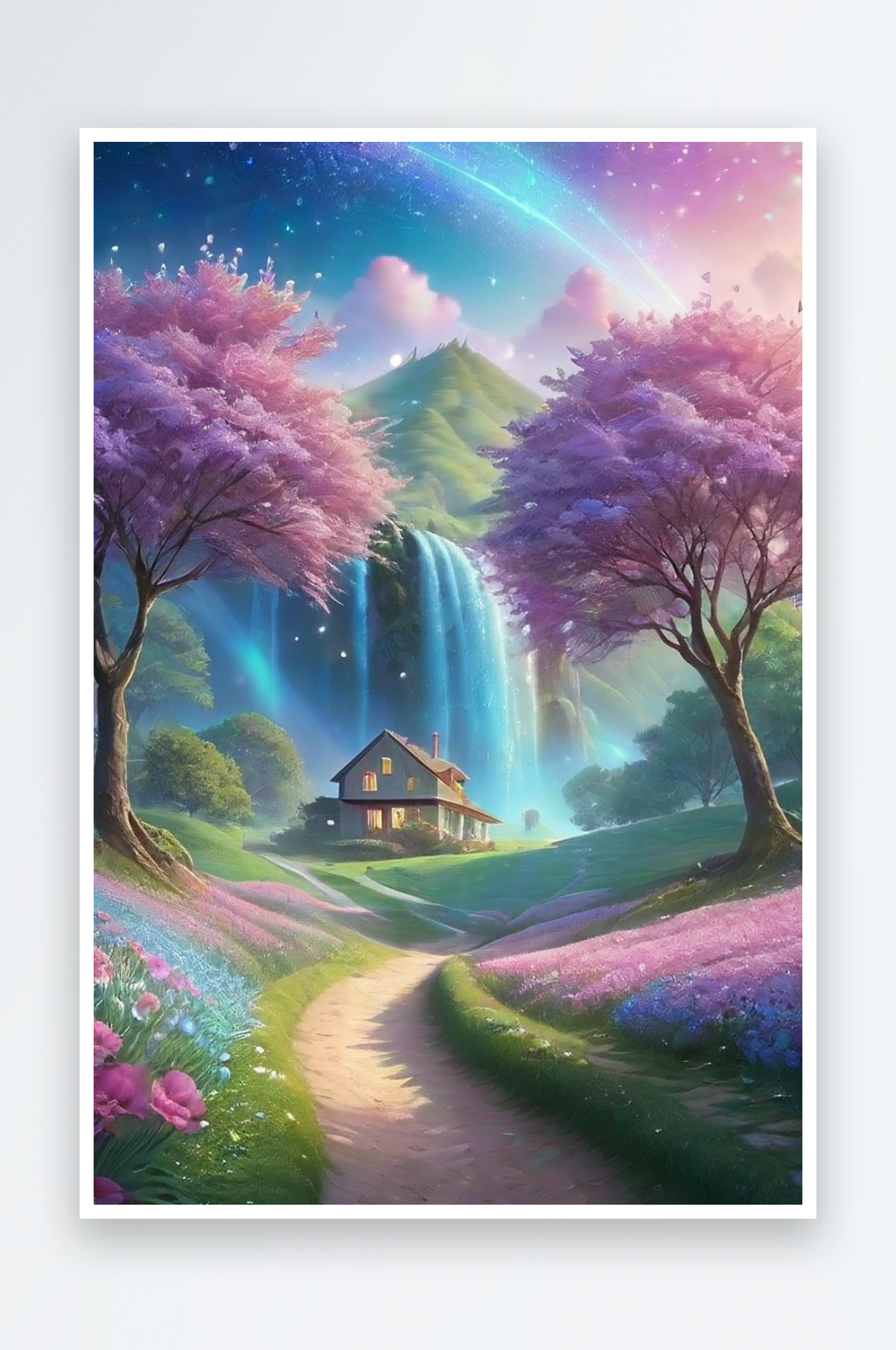 魔法森林中的迷人小屋素材