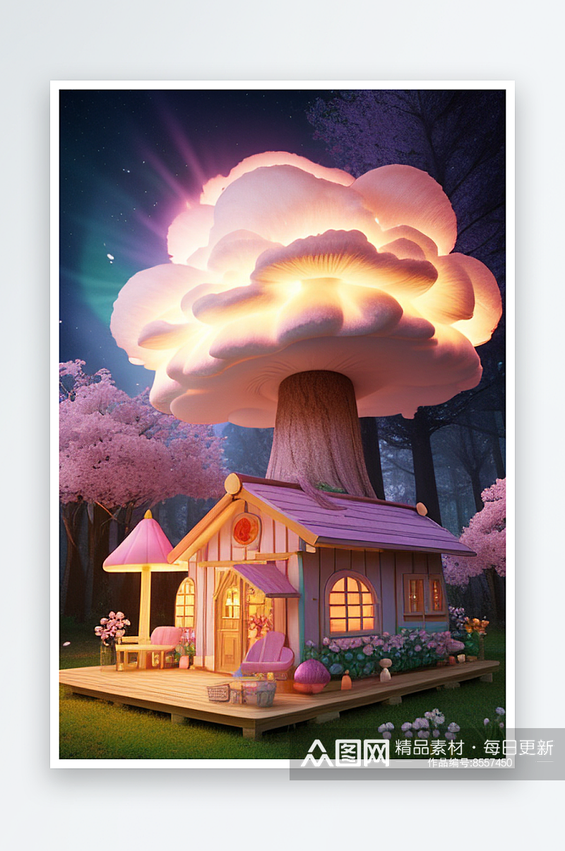 梦幻森林中的粉色蘑菇屋素材