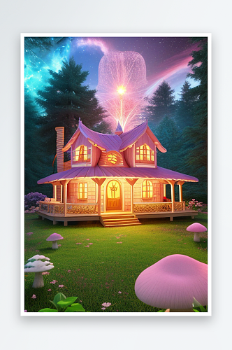 梦幻森林中的粉色蘑菇屋
