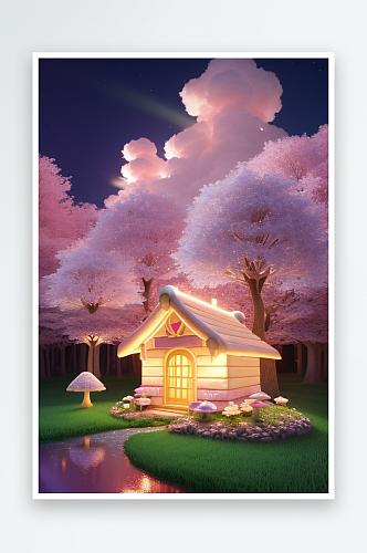 粉色蘑菇屋中的童话仙境