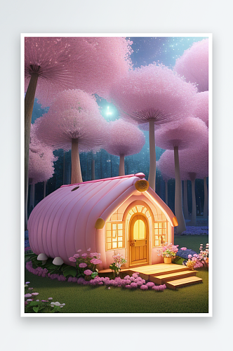 粉色蘑菇屋中的童话仙境