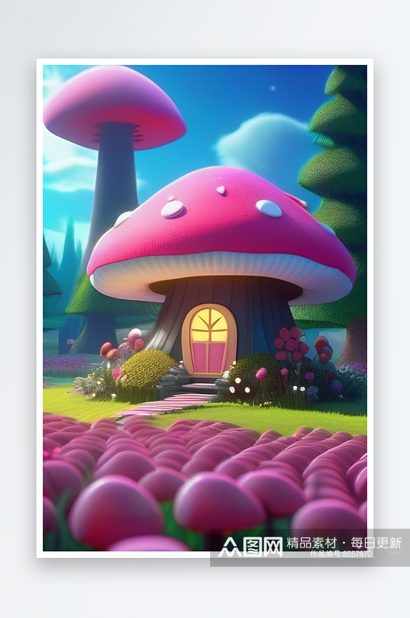 夏日粉色蘑菇屋中的魔法梦境素材