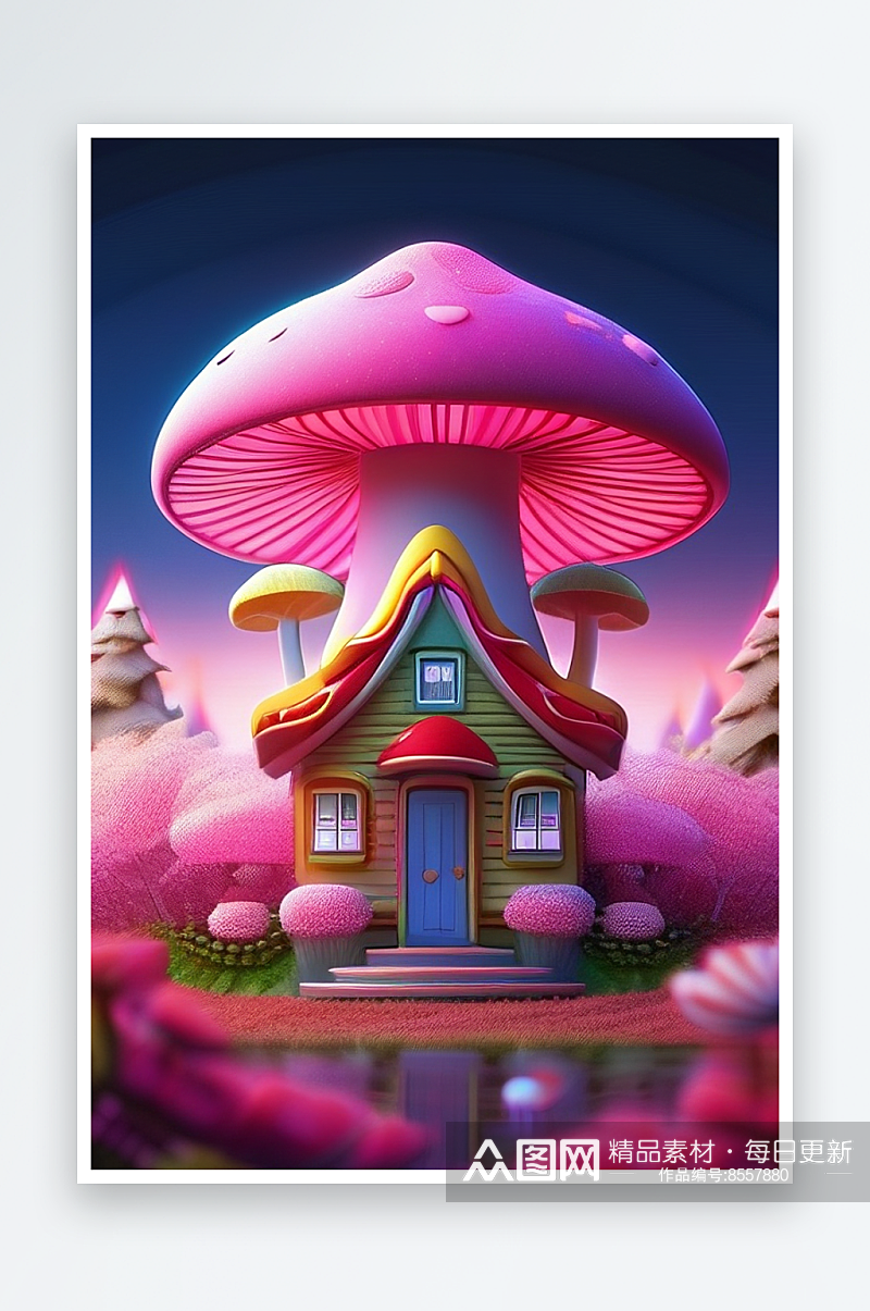 夏日粉色蘑菇屋中的魔法梦境素材