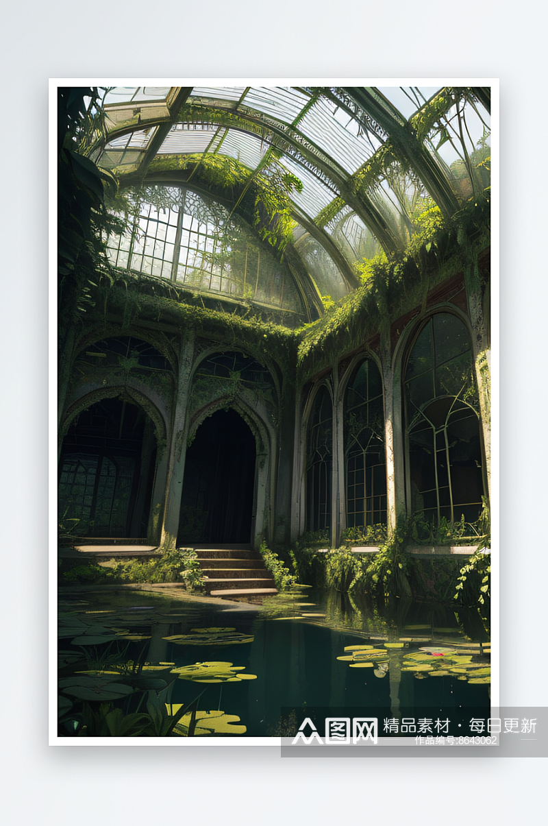 神秘废墟的绿植温室充满电影感的超高清渲染素材