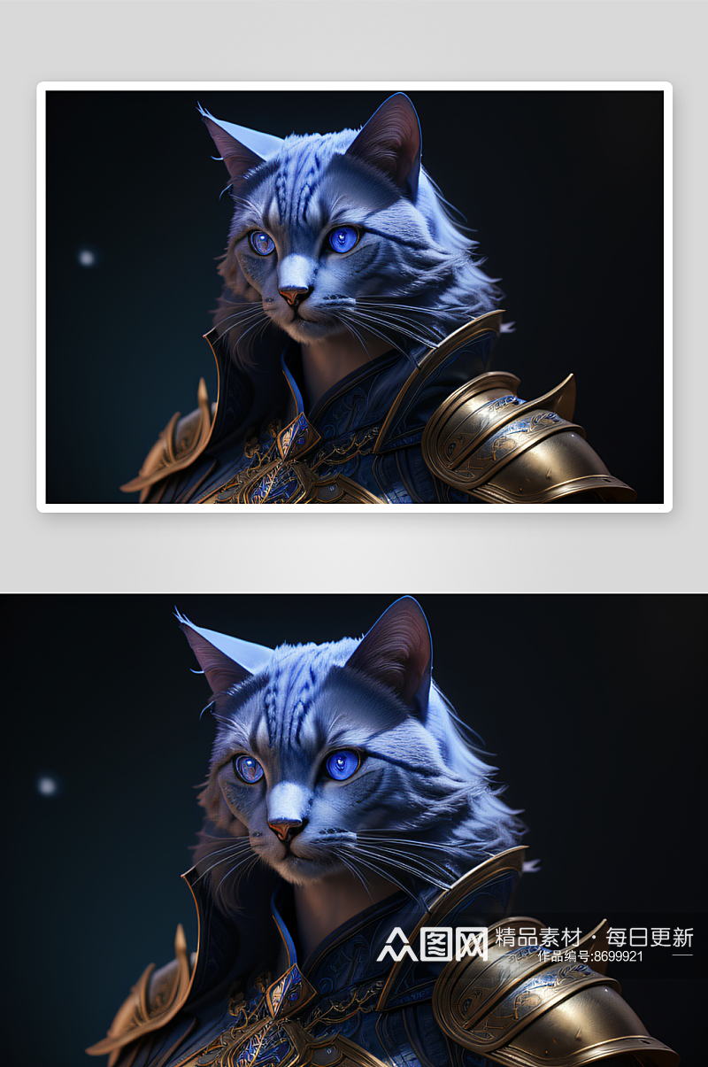 神秘猫法师蓝眼威严盔甲璀璨光影素材