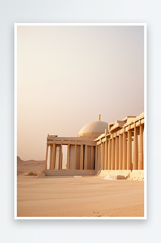 梦幻黎明沙漠中希腊风格白色宫殿的飞扬尘土