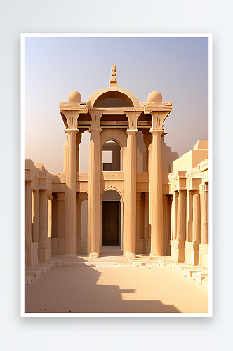 黎明宁静沙漠白色宫殿的希腊风情与飞扬尘土
