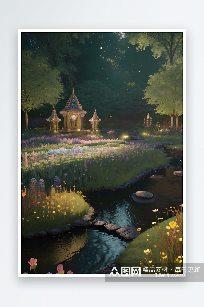 流光溢彩的超详细花园与魔法城堡素材