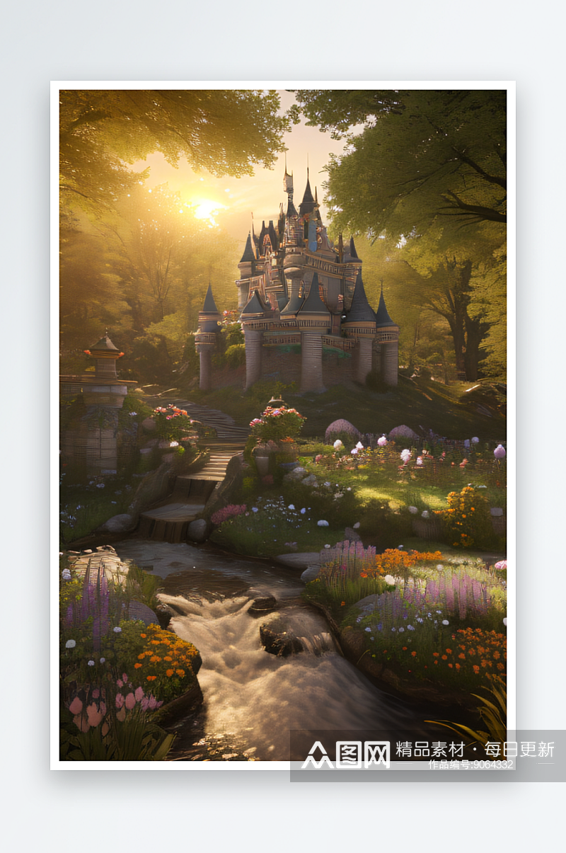 流光溢彩的超详细花园与魔法城堡素材