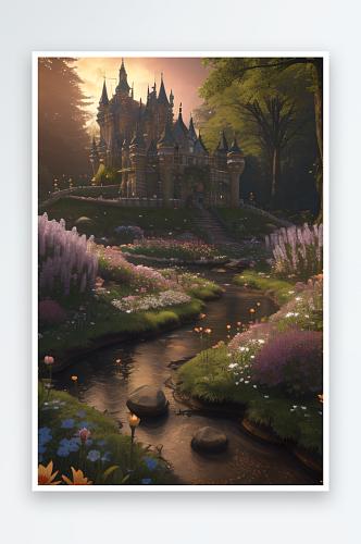 超写实花园与幻想森林中的绽放城堡