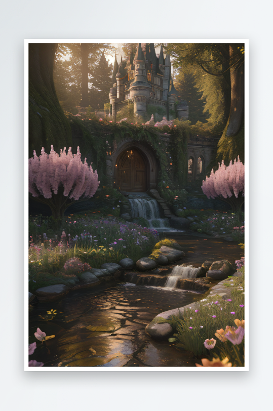 超写实花园与幻想森林中的梦幻城堡
