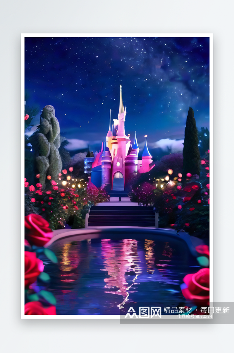 紫罗兰梦幻城堡与缤纷玫瑰素材