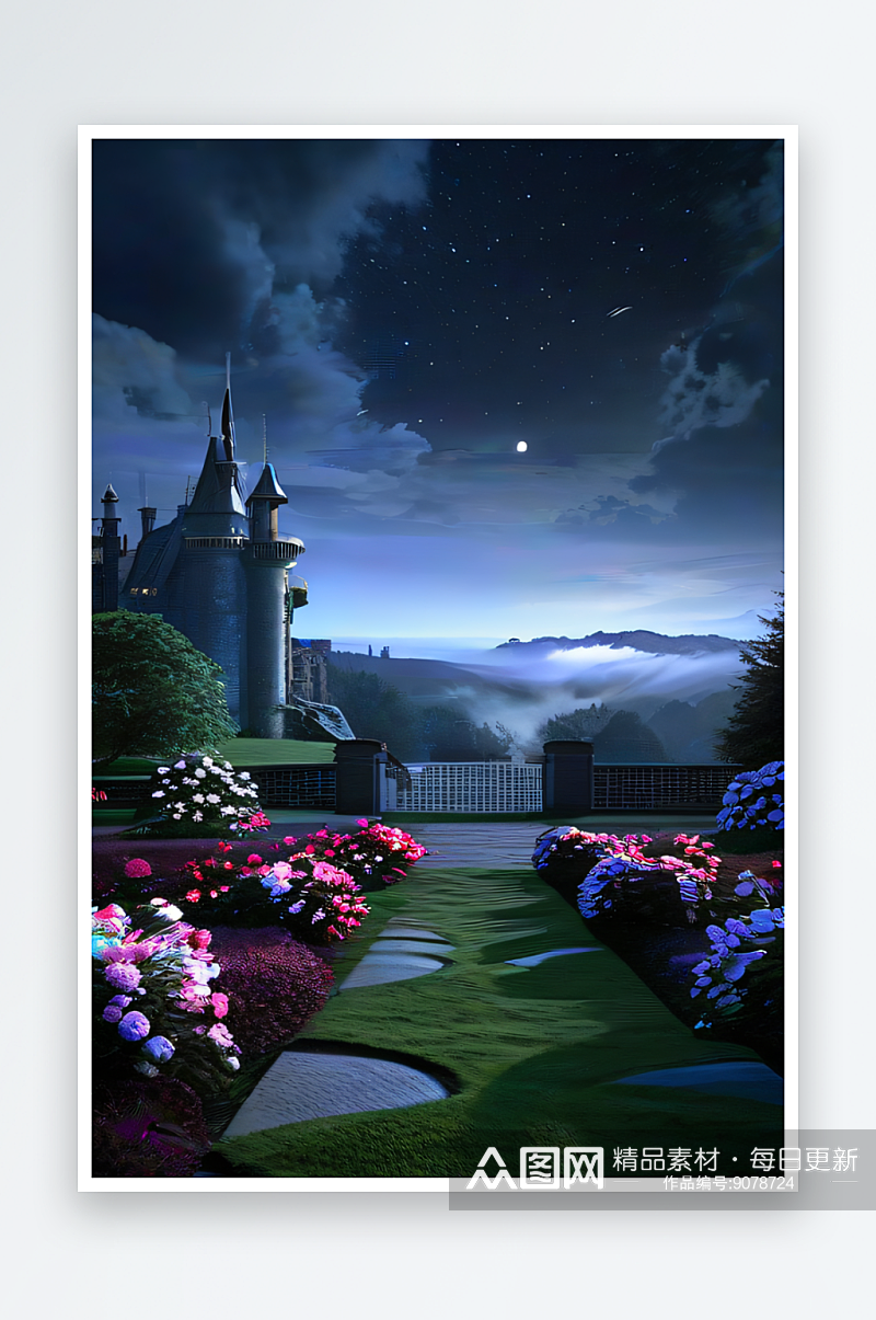 蔚为壮观的夜晚全景绘画城堡与星空素材