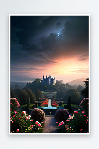 迷雾缭绕的夜晚全景绘画城堡与玫瑰园