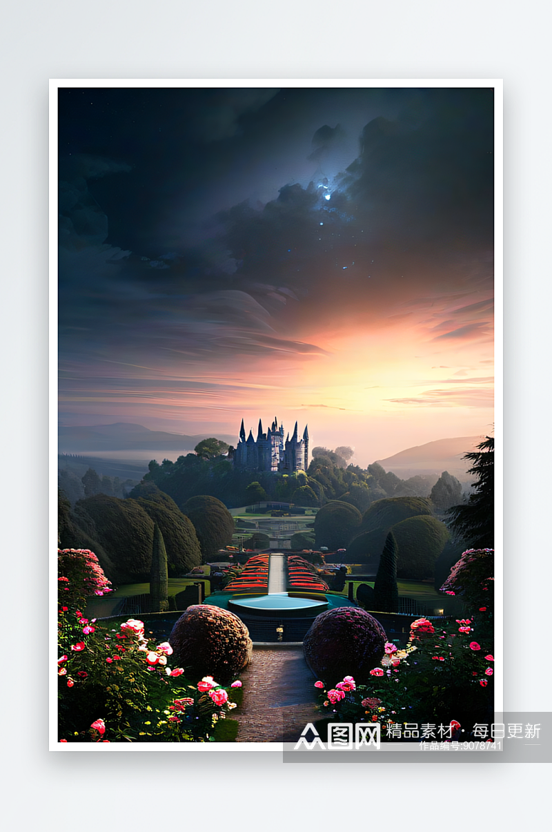 迷雾缭绕的夜晚全景绘画城堡与玫瑰园素材