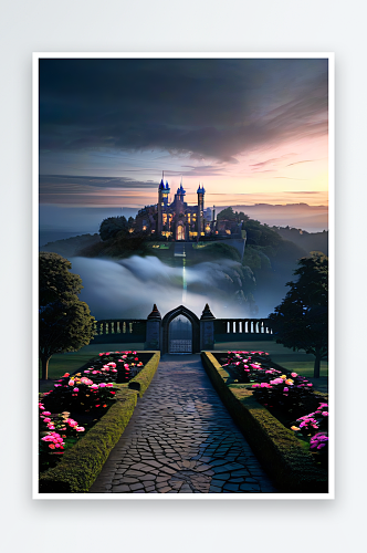 迷雾缭绕的夜晚全景绘画城堡与玫瑰园