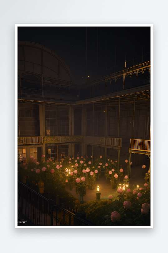 黄玫瑰园与美丽工厂夜晚昏暗灯光