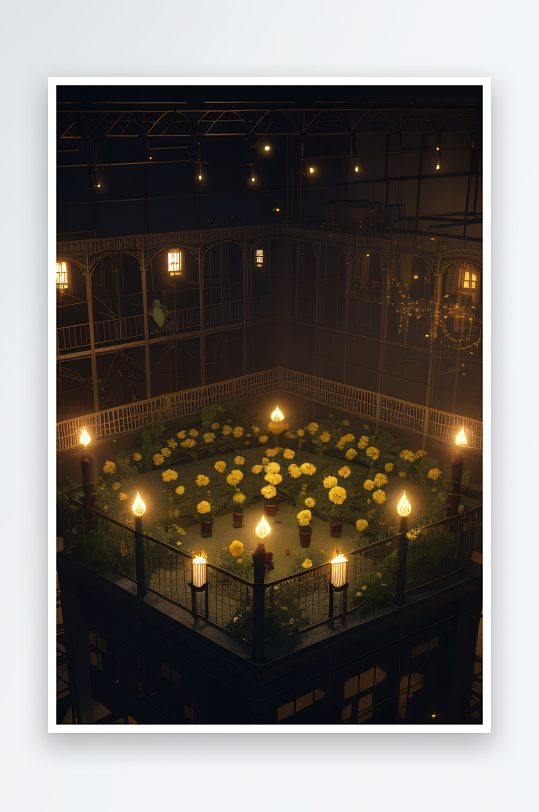 黄玫瑰园与美丽工厂夜晚昏暗灯光