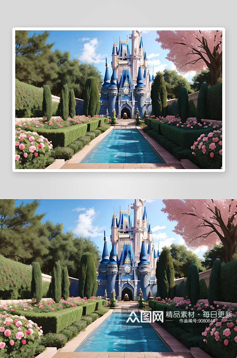 梦幻之美迪士尼城堡的玫瑰花园素材