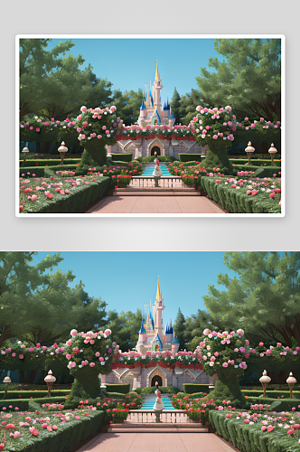 梦幻之美迪士尼城堡的玫瑰花园