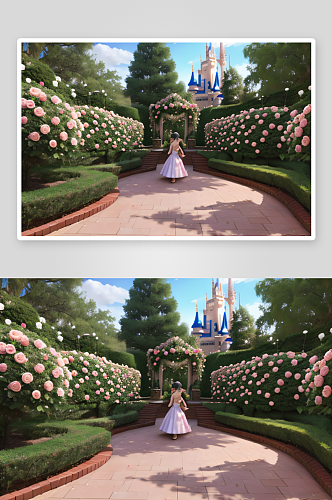玫瑰花园奇幻迪士尼城堡的梦幻景致
