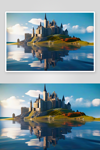 巨大幻想风景壮丽城堡与水面反射