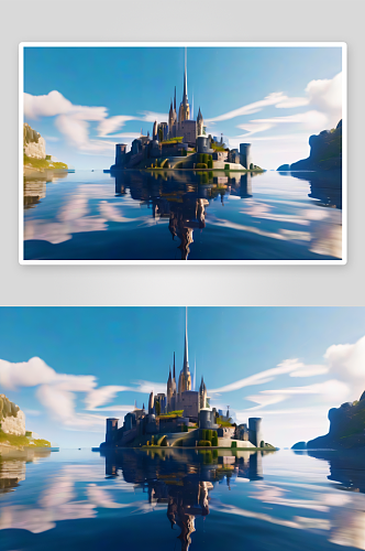 巨大幻想风景壮丽城堡与水面反射