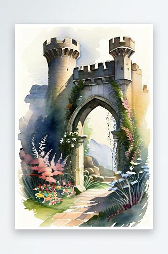 苔藓覆盖的古老城堡拱门花园中远处飞翔的龙