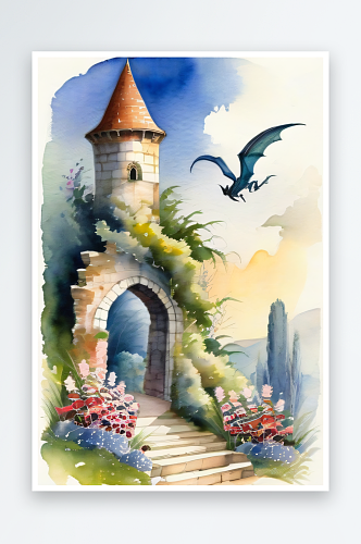 古老城堡拱门的花园奇观远方龙的飞舞
