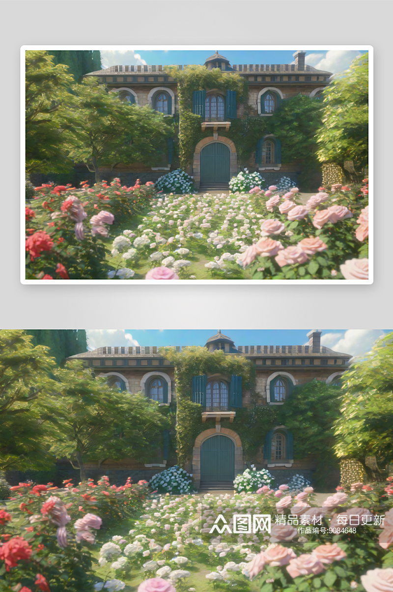 吉卜力风情欧洲城堡中的梦幻花园素材