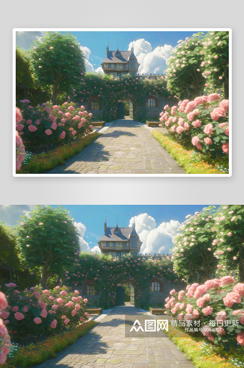 吉卜力风情欧洲城堡中的梦幻花园素材
