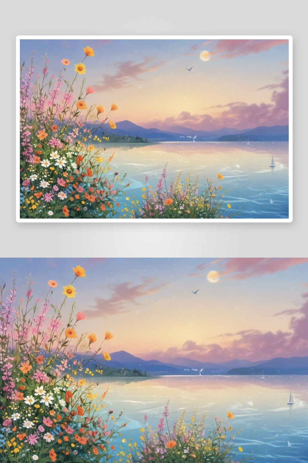 清风明月花海浪漫海边夜色素材