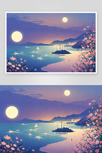 清风明月花海浪漫海边夜景展现