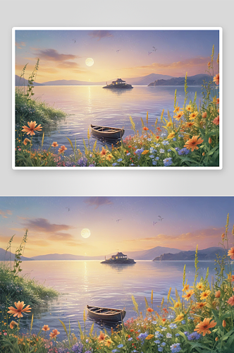 清风明月花海浪漫海边夜景展现