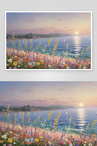 清风明月花海浪漫海边夜景展现