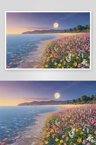 清风明月花海浪漫海边夜景展现