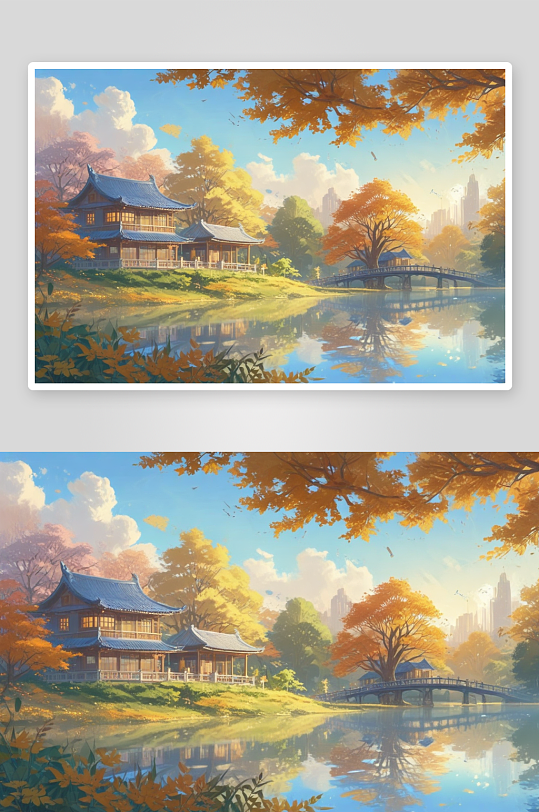 秋日傍晚的蓝天白云与西湖房子