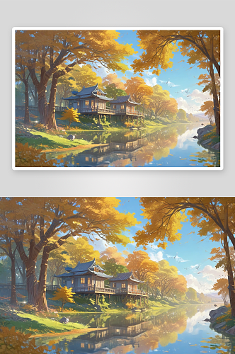傍晚的秋天，蓝天白云下的西湖房子