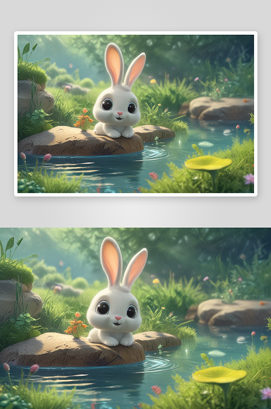 森林池塘中的小兔子冒险