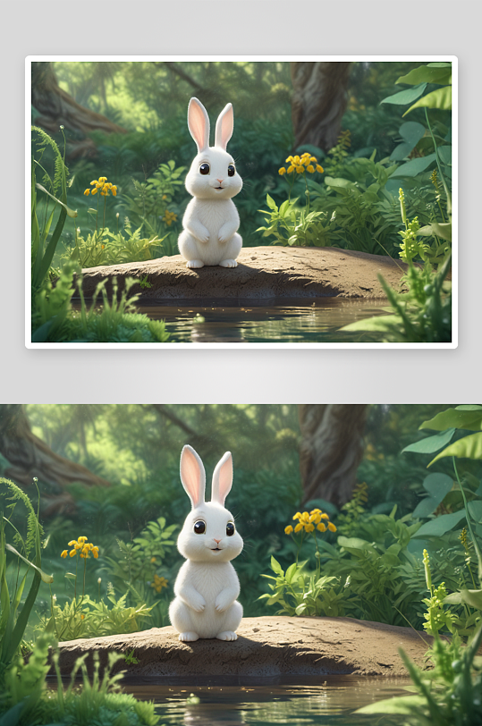 森林池塘中的小兔子冒险