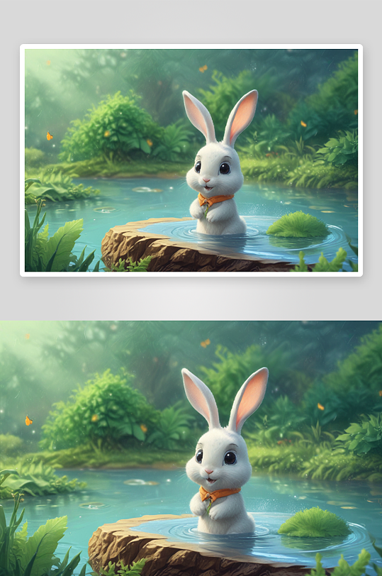 森林池塘中的小兔子探索之旅