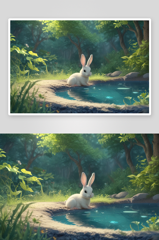 森林池塘中的小兔子探索之旅