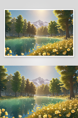 山水树木插画中的淡金色风景